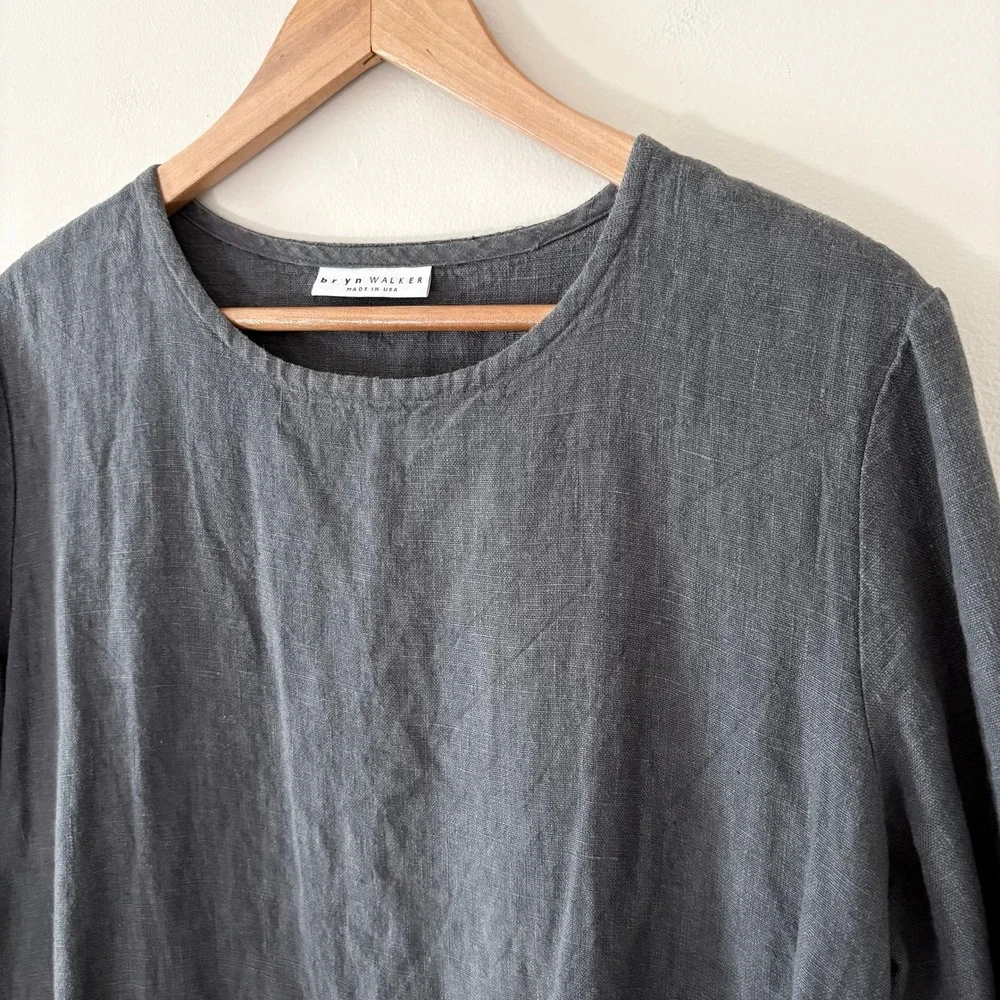 Bryn Walker Tunic Top S Gray Lagenlook Linen 3/4 Sleeve Pockets Made in USA